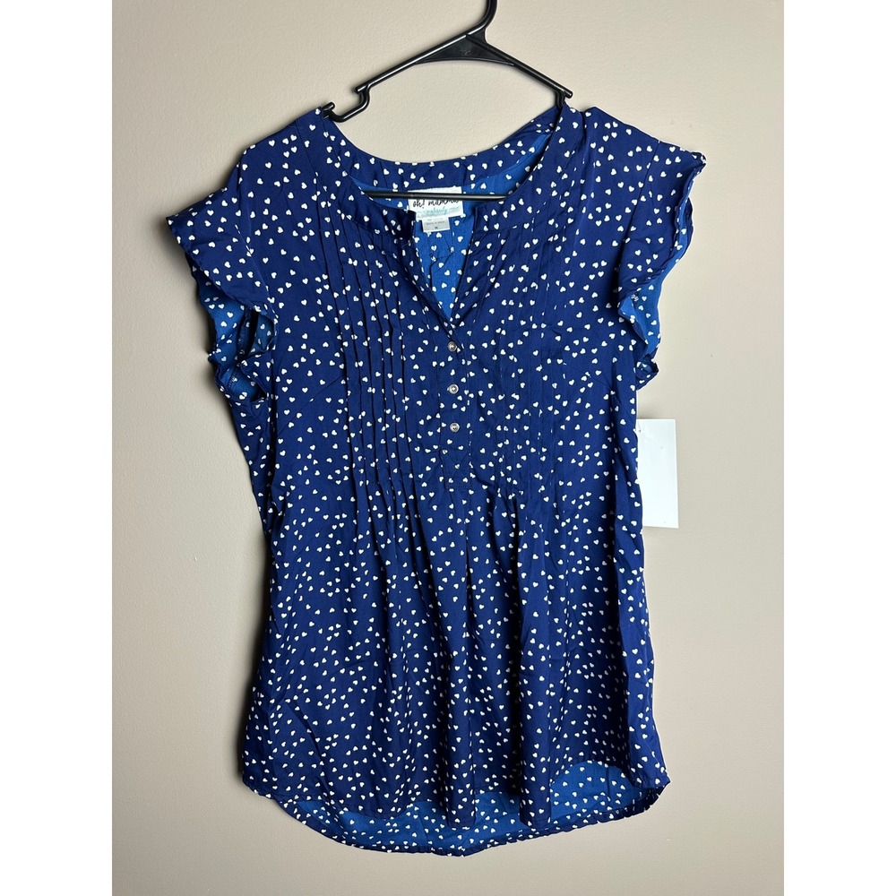Oh! Mamma Maternity Top Medium Blue White Heart Print Flutter Sleeve Pleated